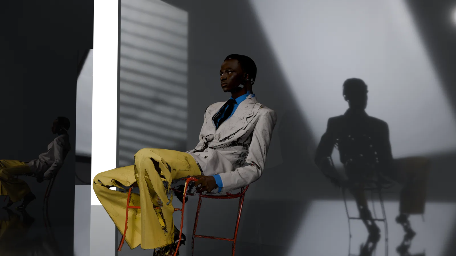 Seated figure in yellow trousers rendered in the same set