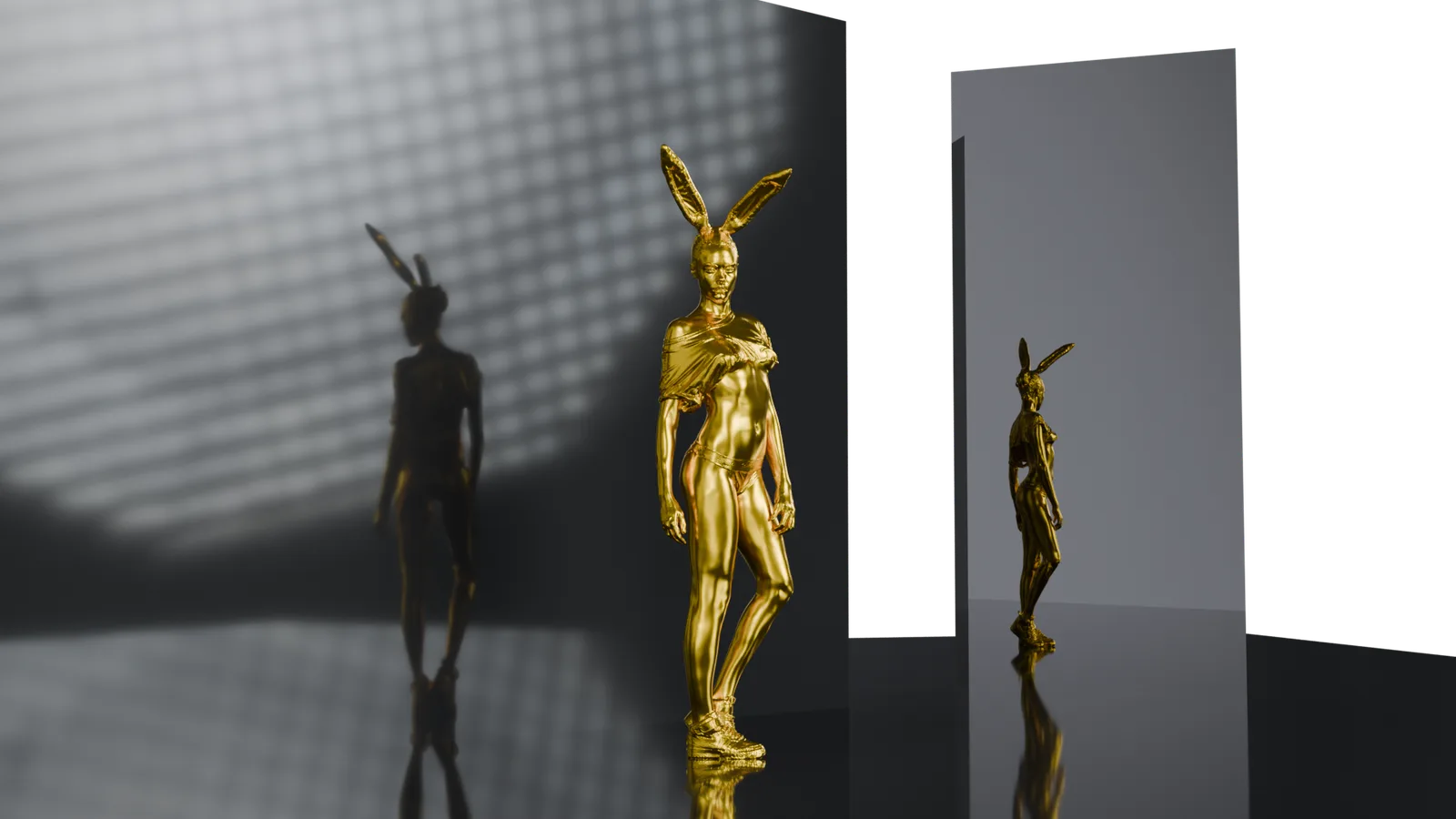 Gold rabbit-eared figure rendered against mirrored panels