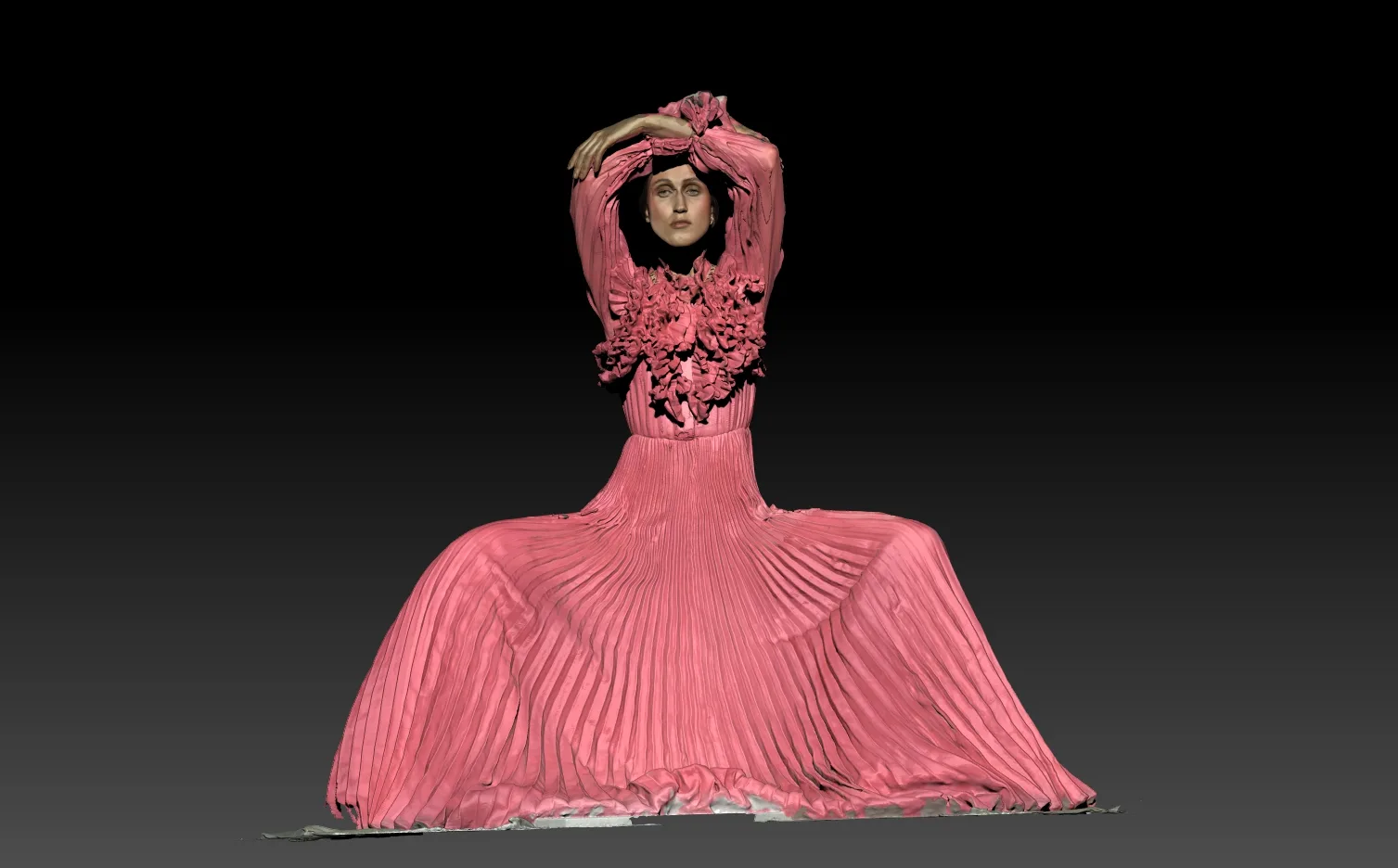 3D scan of a model in a pink pleated Schiaparelli dress, captured for Sølve Sundsbø